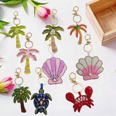 Bộ móc khóa vải thêu hình cây cọ, vỏ sò, rùa đính cườm thủ công, thích hợp để trang trí túi xách, chìa khóa, điện thoại, đồ trang trí DIY, phụ kiện quần áo, quà tặng nữ tính đa năng cho lễ hội, tốt nghiệp, quà tặng tri ân giáo viên, quà sinh nhật, quà tặng mẹ, quà tặng Ngày của Mẹ, đồ dùng cần thiết cho kỳ nghỉ, quà tốt nghiệp, đồ dùng đi biển, phụ kiện móc khóa dễ thương, phụ kiện móc chìa khóa đi biển, hạt cườm