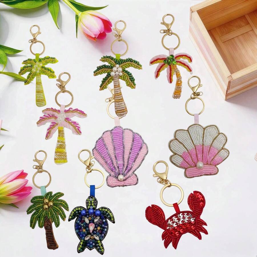 Handmade Beaded Palm Tree, Shell, Turtle Embroidered Cloth Keychain Set, Suitable For Bags, Keys, Phone Charms, DIY Decorations, Clothing Accessories, Versatile Girly Style Festival Graduation Teacher Appreciation Gifts Birthday Gift Mother Gifts Mothers Day Gift Holiday Essentials Graduation Gifts Beach Essentials Cute Key Ring Accessories Key Chain Beach Accessories Beads - Multicolor - View 1