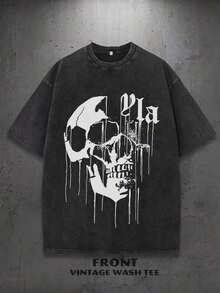 1PC  Vintage Washed Men's T-Shirt YLA Dripping Skull Graphic 100% Cotton 230Gsm Thickened Unisex Gift For Boyfriend Men High Quality Fashion Tee - màu đen - Xem 3