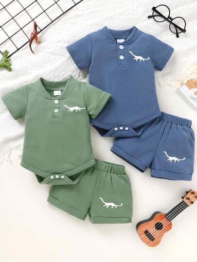 四件套，可爱、休闲、时尚、柔软、舒适的男婴恐龙印花连体衣和纯色短裤套装，新生儿男婴服装，婴儿服装，适合日常穿着、度假、户外活动