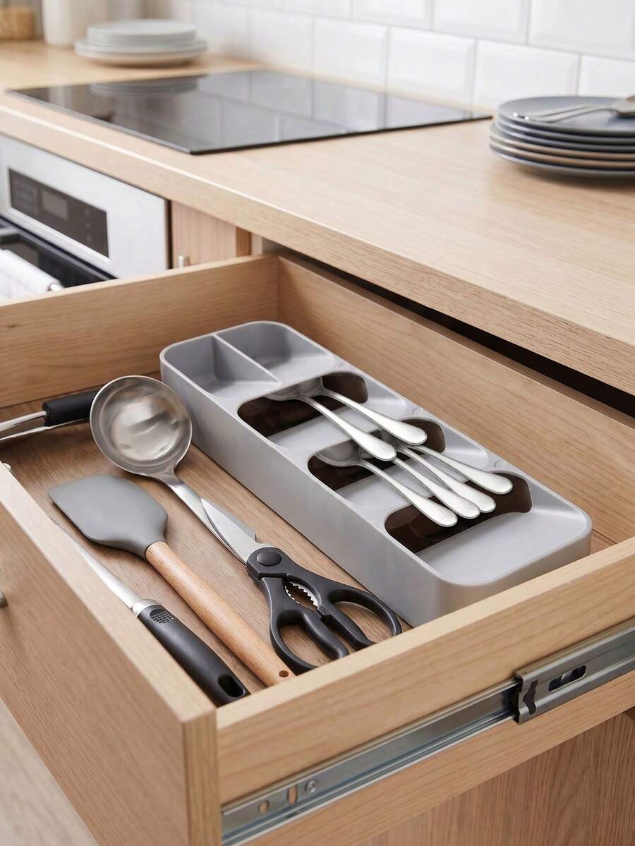 Organizador de cubiertos para cajón de cocina, bandeja compacta y ahorradora de espacio para cubiertos y cubertería - Gris - Ver 1