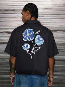 男士休闲短袖印花衬衫 - 黑色 - 查看 1