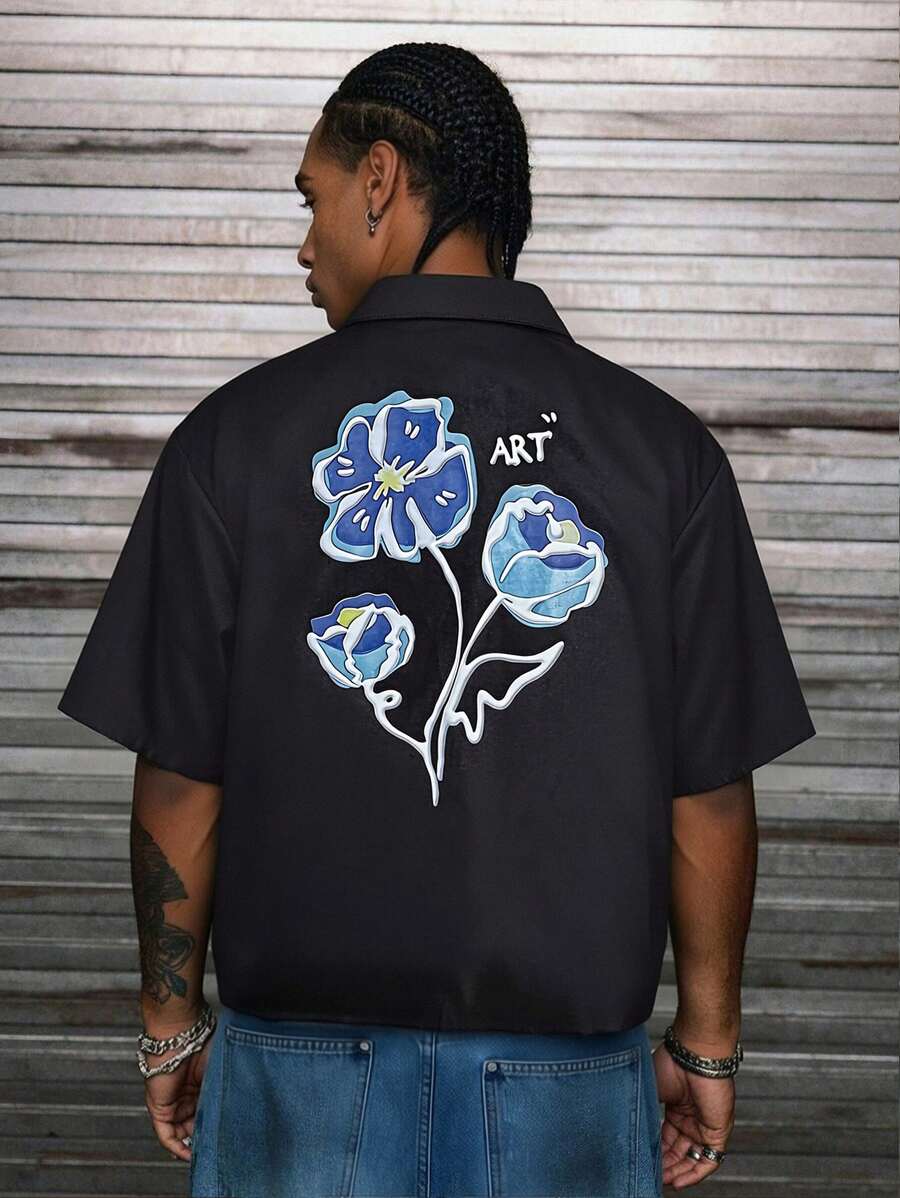 男士休闲短袖印花衬衫 - 黑色 - 查看 1