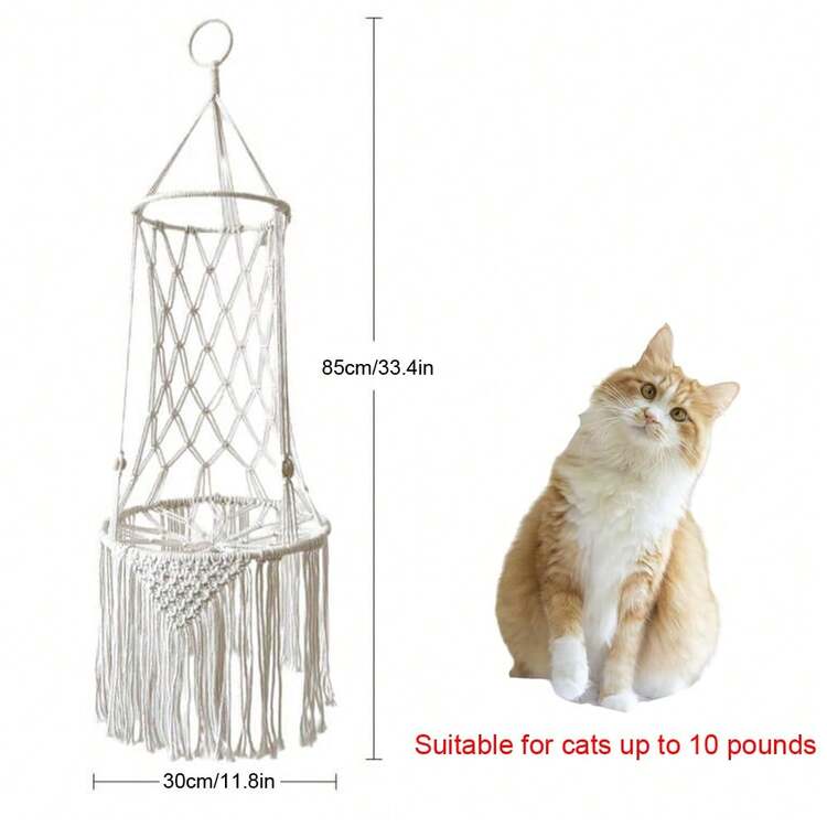 1 chiếc võng treo cho mèo bằng macrame, kiểu Bohemian, giường treo cho mèo, cây leo cho mèo kiểu công chúa, võng đu cho mèo làm thủ công bằng sợi dệt, phù hợp cho mọi mùa - Không bao gồm đệm. - Màu be - Xem 11