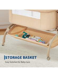Cuna de bebé ajustable 3 en 1 para colocar junto a la cama – colchón de malla transpirable, ruedas, lateral plegable, cesta de almacenamiento, bolsa de viaje – moisés portátil para colecho con mosquitera – ideal para el hogar y viajes - Caqui - Ver 4