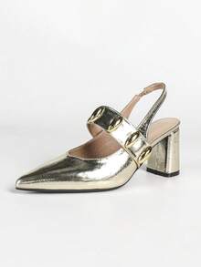 Nuevos tacones altos versátiles de color blanco puro, zapatos de oficina casuales de cuero de PU con hebilla para el verano - Dorado - Ver 3