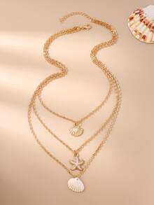 3 piezas Collar de múltiples capas con conchas y estrellas de mar de moda para el verano, collar gargantilla de uso diario para mujeres - conchas de estrellas de mar - Ver 5