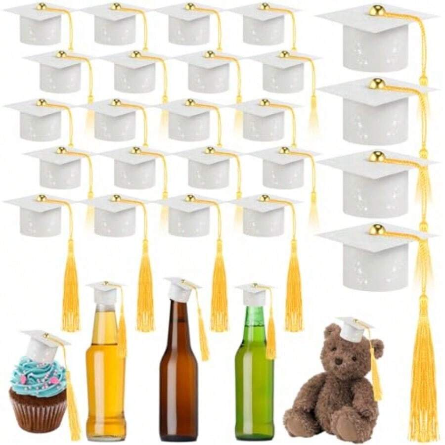 24 Pieces 2026 Mini Graduation Cap With Tassels Wine Bottle Topper Glitter Small Grad Hat Cake Graduation Bottle Cap Cover For Graduated Party Decorations White HatYellow Tassel - 白帽黃穗 - 查看 1