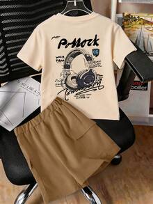 1 Set Maglietta a maniche corte con stampa di cuffie vintage e pantaloncini cargo per ragazzi adolescenti, abbigliamento sportivo casual e ampio, regalo estivo perfetto per la scuola e l'uso all'aperto, primavera/estate - Multicolore - Visualizzare 3