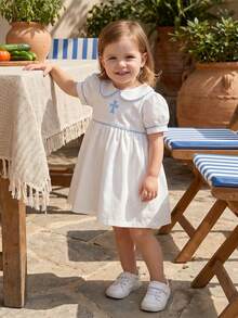 Vestido de verano para niña con cuello de muñeca bordado en cruz y mangas cortas estilo princesa corte A. - Blanco - Ver 6
