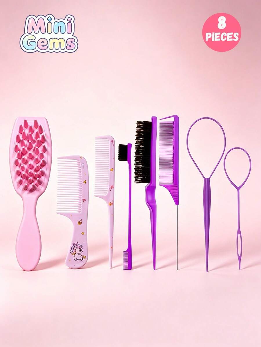 Bộ dụng cụ làm tóc hình ngôi sao năm cánh 8 món - Bao gồm lược hoạt hình, lược chải tóc hư tổn, lược chải viền tóc, lược đuôi ngựa và dụng cụ tết tóc, phù hợp với mọi loại tóc. - Nhiều màu - Xem 1