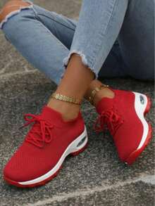 Women's Breathable Lightweight Sneakers - Low-Top Lace-Up Design For Summer, Lightweight Sole Suitable For Running, Walking, Tennis And Casual Wear, Fashionable And Comfortable Fitness Shoes, Fashionable Style, Soft Material, A Must-Have For Fitness Enthusiasts, Fashionable And Versatile Travel Shoes - 紅色 - 查看 2