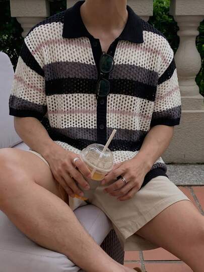New Spring/Summer Men's European And American Business Casual Contrast Color Striped Hollow Out Loose Turndown Collar Cardigan Knit Shirt, Black Short Sleeve Top