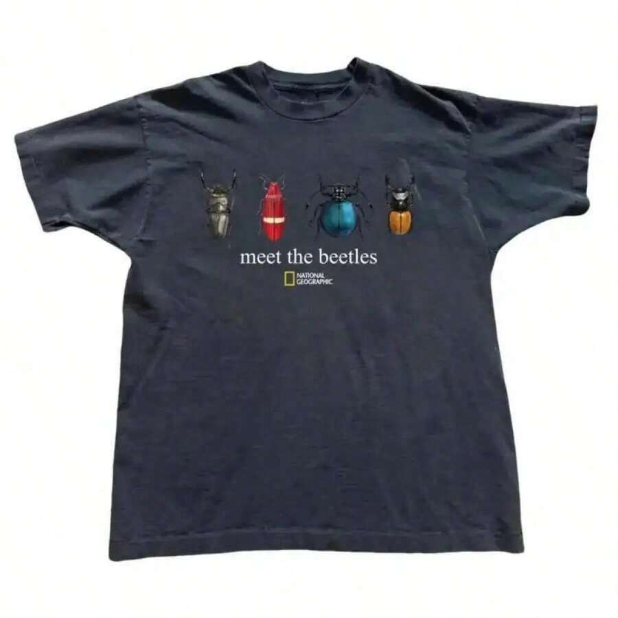 National Geographic "Go With The Flow" Unisex T-Shirt - Funny Beetle Pun Graphic, Y2K Vintage Summer Style, Gift - black3 - 查看 1