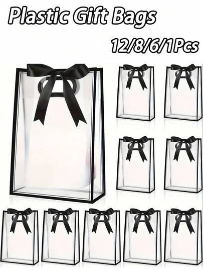 Reusable Transparent Plastic Gift Bags With Hollow Handles, PP Gift Bags With Ribbons, Suitable For Weddings, Brides, Christmas, Birthday Parties