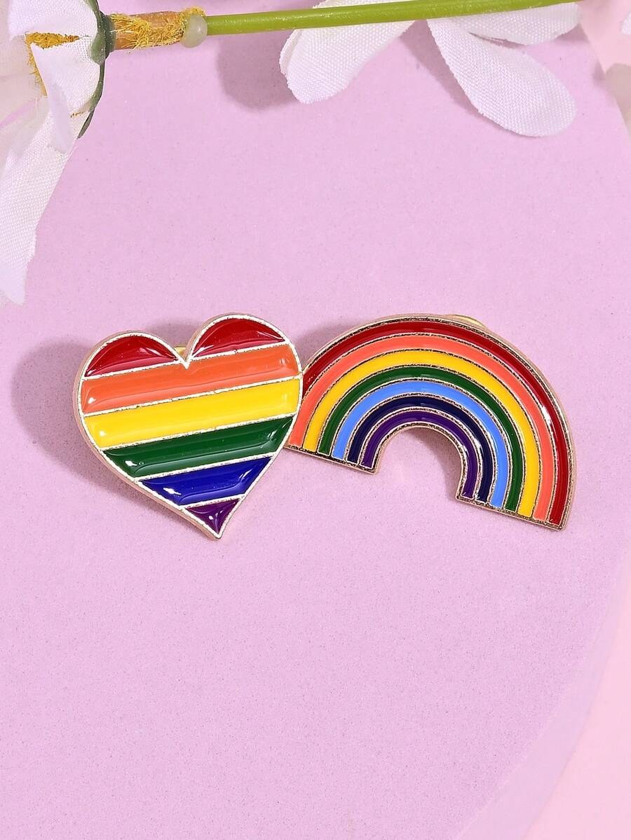 2pcs Fashionable Colorful Heart & Rainbow Bridge Brooch, Unique Luxury Contrast Color Arch Rabbit Pin For Women Lapel, Anti-Slip Suit Clip - Multicolor - View 1