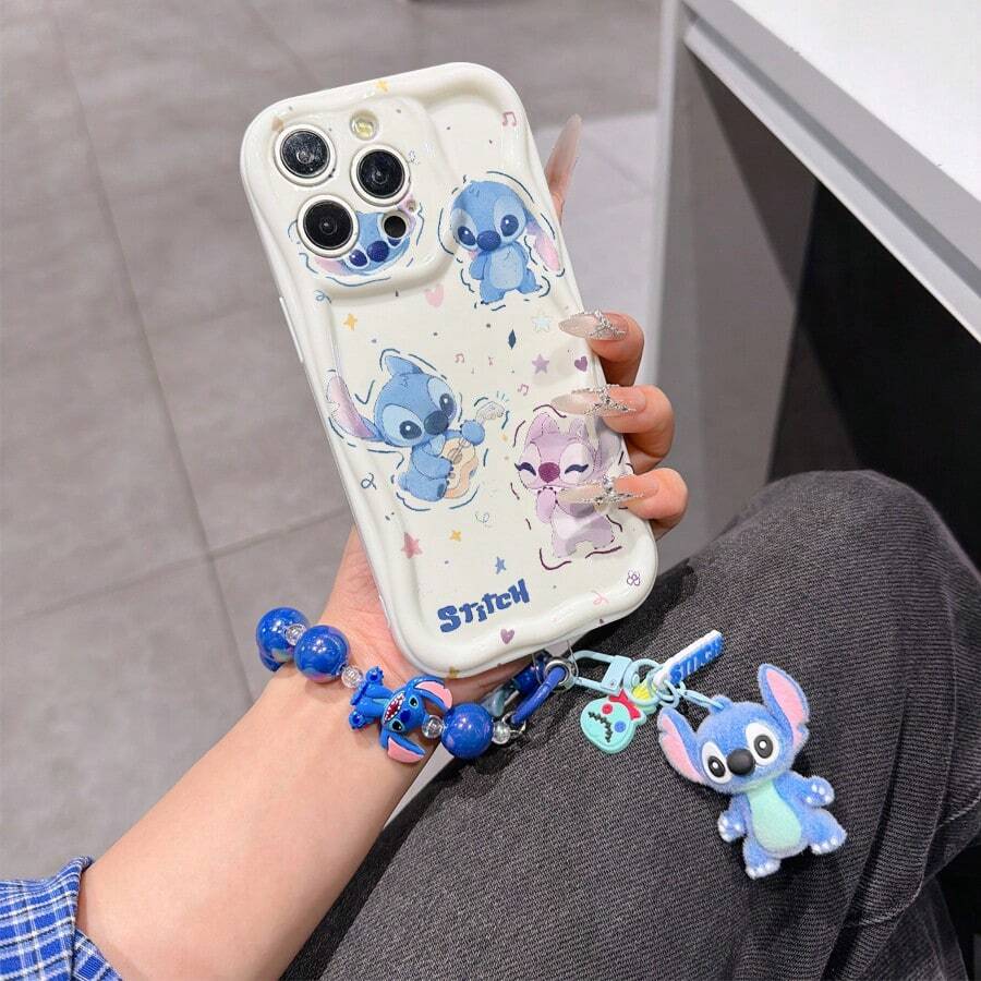 Disney Has Authorized, Phone Case - Chain Set, The Stitch Lilo & Stitch Phone Case Plus A Silicone 3D Or Fluffy Style Stitch Bracelet With Metallic Ring Removable Bracelet, Stitch And Angel Pattern, Compatible With Iphone 17/16/15/14/13/12/11/XS/XR/X Plus Pro Max, Wavy Design Phone Case For Girl, A Stylish Cartoon Summer Phone Case, The Perfect Gift Choice, Phone Protection, Durable Phone Cover, Great Gift For Friends And Family - 白色款式B - 查看 1