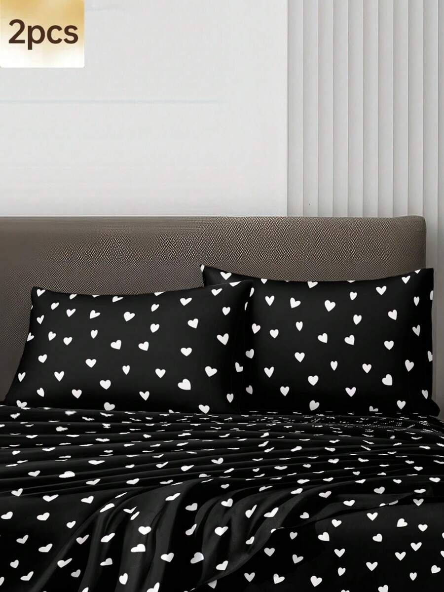 2pcs Black & White Heart Pattern Super Soft Solid Color Pillow Covers, Envelope Closure, Lightweight Bedding, Suitable For Bedroom, Dorm, Back To School, Breathable & Washable Pillow Case Set - Black and White - View 1