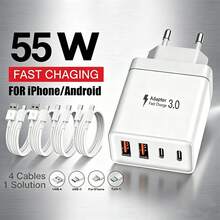 欧标C/E/F型插头（220-240V）55W超级快充墙充，配备2个USB-A接口和2个USB-C接口，可选配1米（3.3英尺）USB-C转USB-C/USB-C转Lightning/USB-A转USB-C/USB-A转Lightning快充线。多种线缆配置可选，完全兼容MacBook 17/16/15/14/13/12系列和Galaxy S25/S24/S23/S22系列。适用于家庭、办公室和旅行，是阵亡将士纪念日和夏季的开端。 - 查看 1