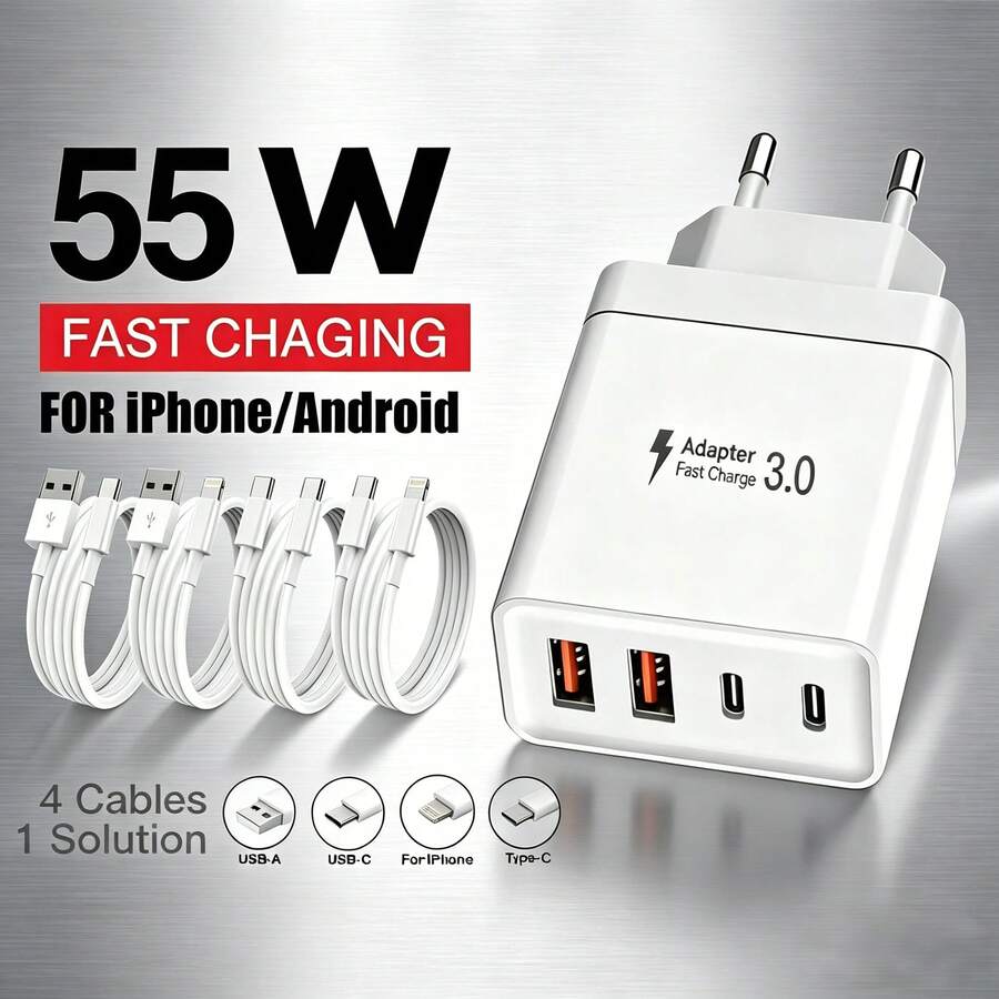 欧标C/E/F型插头(220-240V)55W超级快充墙充,配备2个USB-A接口和2个USB-C接口,可选配1米(3.3英尺)USB-C转USB-C/USB-C转Lightning/USB-A转USB-C/USB-A转Lightning快充线。多种线缆配置可选,完全兼容MacBook 17/16/15/14/13/12系列和Galaxy S25/S24/S23/S22系列。适用于家庭、办公室和旅行,是阵亡将士纪念日和夏季的开端。 - 查看 1