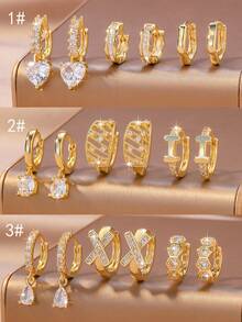 6pcs Set Of New Sparkling Cubic Zirconia Heart, Geometric, And Teardrop Stud Earrings, Minimalist Jewelry Accessories, Suitable For Women's Daily Wear, Holiday Gifts, Christmas Decorations - Gold - View 1