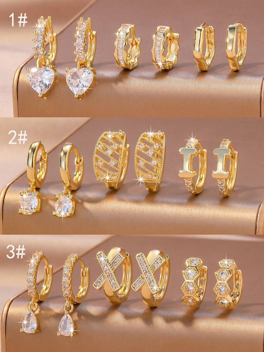 6pcs Set Of New Sparkling Cubic Zirconia Heart, Geometric, And Teardrop Stud Earrings, Minimalist Jewelry Accessories, Suitable For Women's Daily Wear, Holiday Gifts, Christmas Decorations - Gold - View 1