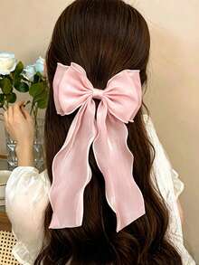 1pc Sweet Pink Princess Tulle Extra Large Bow Wave Ribbon Spring Clip, Elegant Soft Hair Accessory For Spring, Claw Clips,Hair Clip,Birthday - Pink - View 3