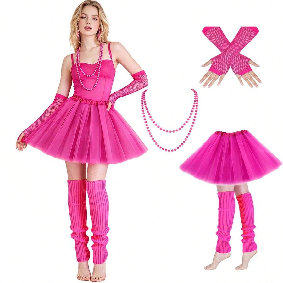 4件套 D EXCEED 1980年代女士时尚套装，包括蓬蓬裙、串珠项链、长款渔网手套和腿套，适合80年代主题派对、音乐节、生日派对和嘉年华等场合，是馈赠佳品。