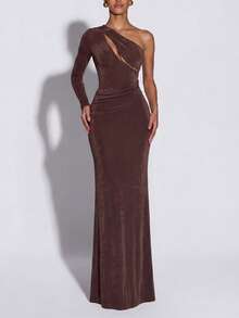 Vestido maxi elegante de un solo hombro en color marrón - Corte en la parte delantera, detalle de fruncido en la cintura, ideal para invitada de boda, vacaciones en la playa, primavera y verano sencillo y graduación - Marrón - Ver 1