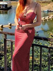 Vestido de satén con estampado de lunares de línea A elegante y romántico, adecuado para el Día de San Valentín, vacaciones en la playa, fiestas y otras ocasiones, boda - Rojo - Ver 5