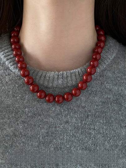 1pc Minimalist Retro Angora Red Beaded Necklace, Elegant Choker Necklace, Versatile Necklace Suitable For Women's Daily Wear Or Vacation
