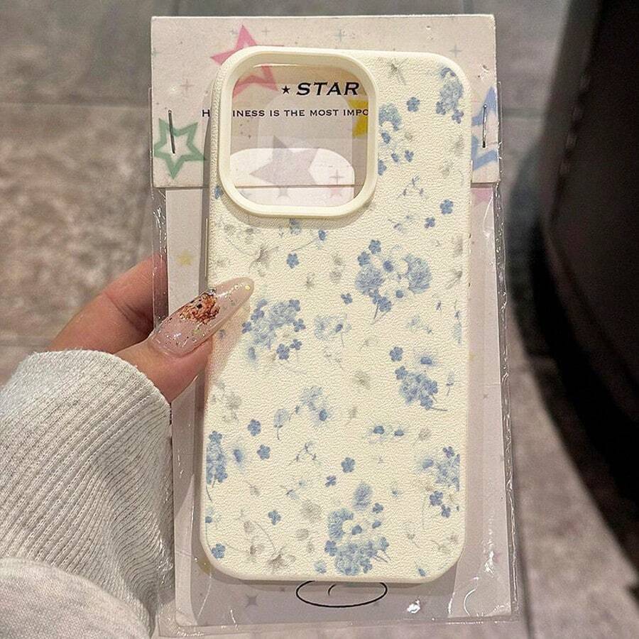 1pc TPU Material Delicate Blue & White Floral Pattern Phone Case Suitable Compatible With Iphone 17 Pro Max/17/16 Pro Max/15/13/12/11, S20 FE/A15/S24/A55, Note 11/Note 12/Note 13 Pro, Full Coverage Anti-Drop Soft Protective Phone Cover - White - View 1