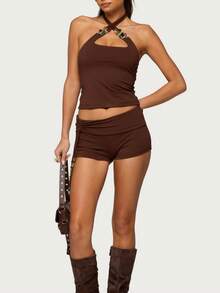 Women Summer 2 Piece Shorts Set Beaded Sleeveless Halter Crop Tops With Bodycon Shorts Drawstring Design Sexy Party Club Streetwear Outfit - Brown - View 4