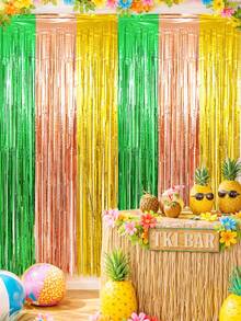 2pcs Pink, Green, Gold Fringe Curtain, Hawaiian Theme Tassel Curtain, Hawaiian Theme Party Backdrop Decoration, Hanging Decor, Summer Party Supplies, Photo Booth Props, Suitable For Birthday, Wedding, Bridal, Baby Shower, Anniversary, Summer Decor, Room, Home - Multicolor - View 2