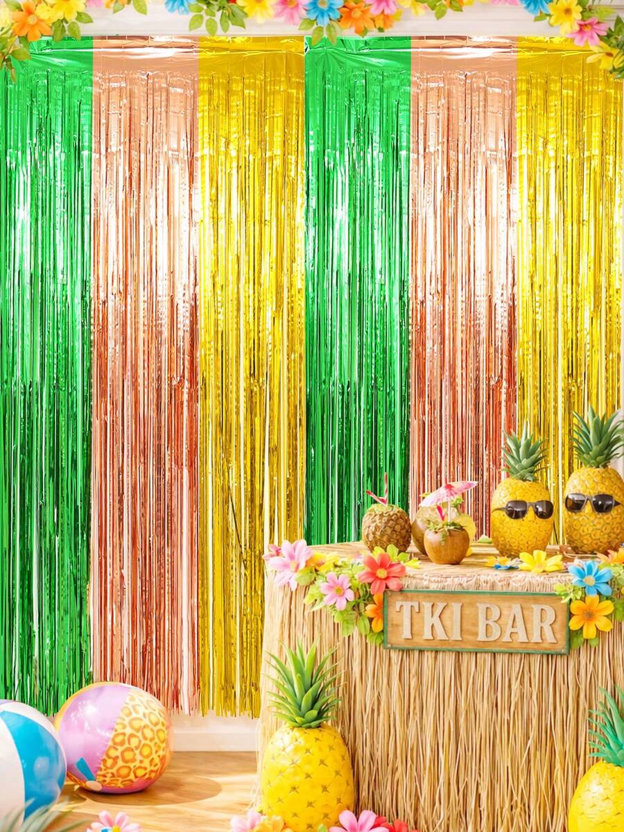 2pcs Pink, Green, Gold Fringe Curtain, Hawaiian Theme Tassel Curtain, Hawaiian Theme Party Backdrop Decoration, Hanging Decor, Summer Party Supplies, Photo Booth Props, Suitable For Birthday, Wedding, Bridal, Baby Shower, Anniversary, Summer Decor, Room, Home
