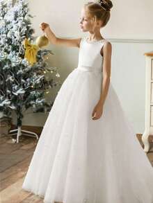 Vestido largo elegante sin espalda con lazo, perlas y tul para niña preadolescente, vestido de princesa, vestido de fiesta de cumpleaños, vestido para actuación en el escenario, sesión de fotos, vestido de dama de honor para boda, vestido de graduación - Blanco - Ver 4