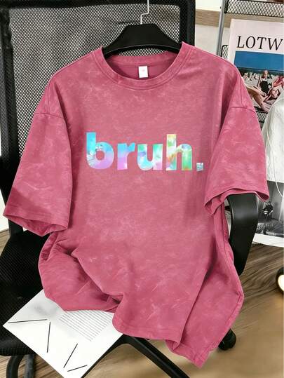 Teen Girls' Street - Style "Bruh." Text Print Casual Short-Sleeved T-Shirt, A Must-Have For Everyday Outings During The Spring And Summer Seasons