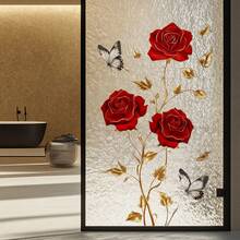 1pc Gold-Rimmed Red Rose Glass Sticker, Vintage Luxury Red Rose & Butterfly Window/Door Decor Sticker, Removable & Residue-Free - Multicolor - View 1