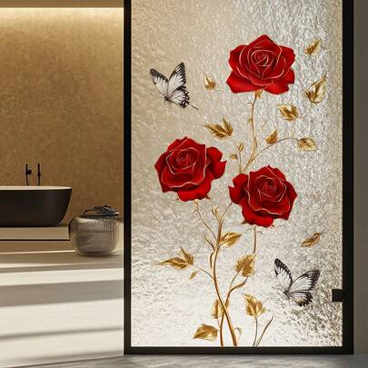 1pc Gold-Rimmed Red Rose Glass Sticker, Vintage Luxury Red Rose & Butterfly Window/Door Decor Sticker, Removable & Residue-Free