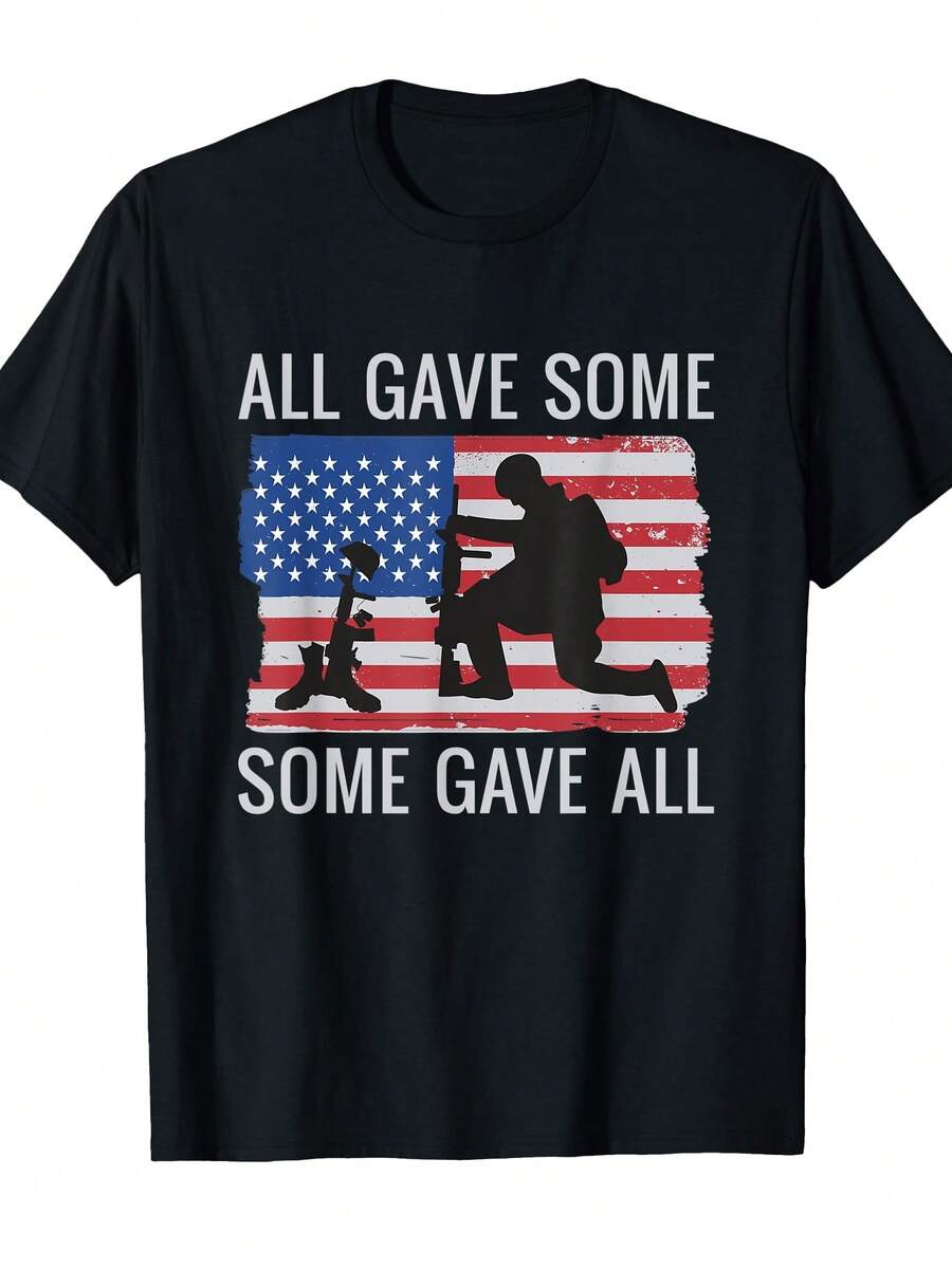 1 Piece 100% Cotton Oversized T-Shirt, Given To Everyone, All Men And Women On The Day Of The American Flag Day |   Casual Round Neck, Slightly - Black - View 1
