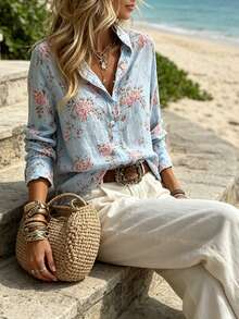 YI XUAN Women's Printed Button-Down Shirt, Loose Long Sleeve Collared Top, Casual Bohemian Style Vacation Blouse, Coarse Linen Fabric - Baby Blue - View 6