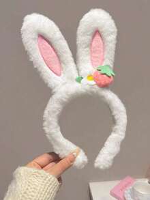 1/2 pièces Bandeau mignon à oreilles de lapin en peluche, bandeau de lavage du visage décoré de fraises, accessoire de cheveux polyvalent pour les adolescents - Multicolore - Voir 3
