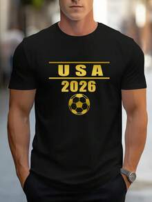 Camiseta Negra para Hombre con Gráfico de Balón de Fútbol USA 2026 para Eventos Deportivos y Uso Casual, TALLA GRANDE - Negro - Ver 6