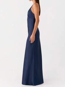 Women's Satin V Neck Bodycon Cami Dress Sleeveless Backless Cocktail Party Wedding Guest Long Maxi Dresses - 藏蓝色 - 查看 4