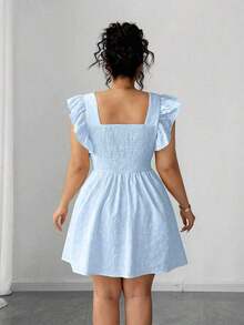 Vestido de verano de talla grande para mujer, con cintura ceñida, volantes en las mangas y estampado jacquard de unicolor, elegante estilo vacacional - Rosa - Ver 10
