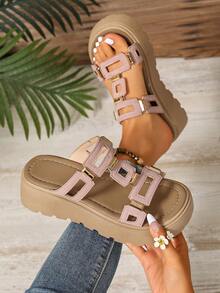 Nouvelles sandales d'été pour femmes avec boucle carrée, semelle épaisse ajourée. Sandales compensées, style romain, de luxe rétro pour l'extérieur et la plage. Antidérapantes, rehaussantes, confortables. Disponibles en plusieurs couleurs. Tailles plus, sandales polyvalentes affinantes. - Rose bonbon - Voir 3