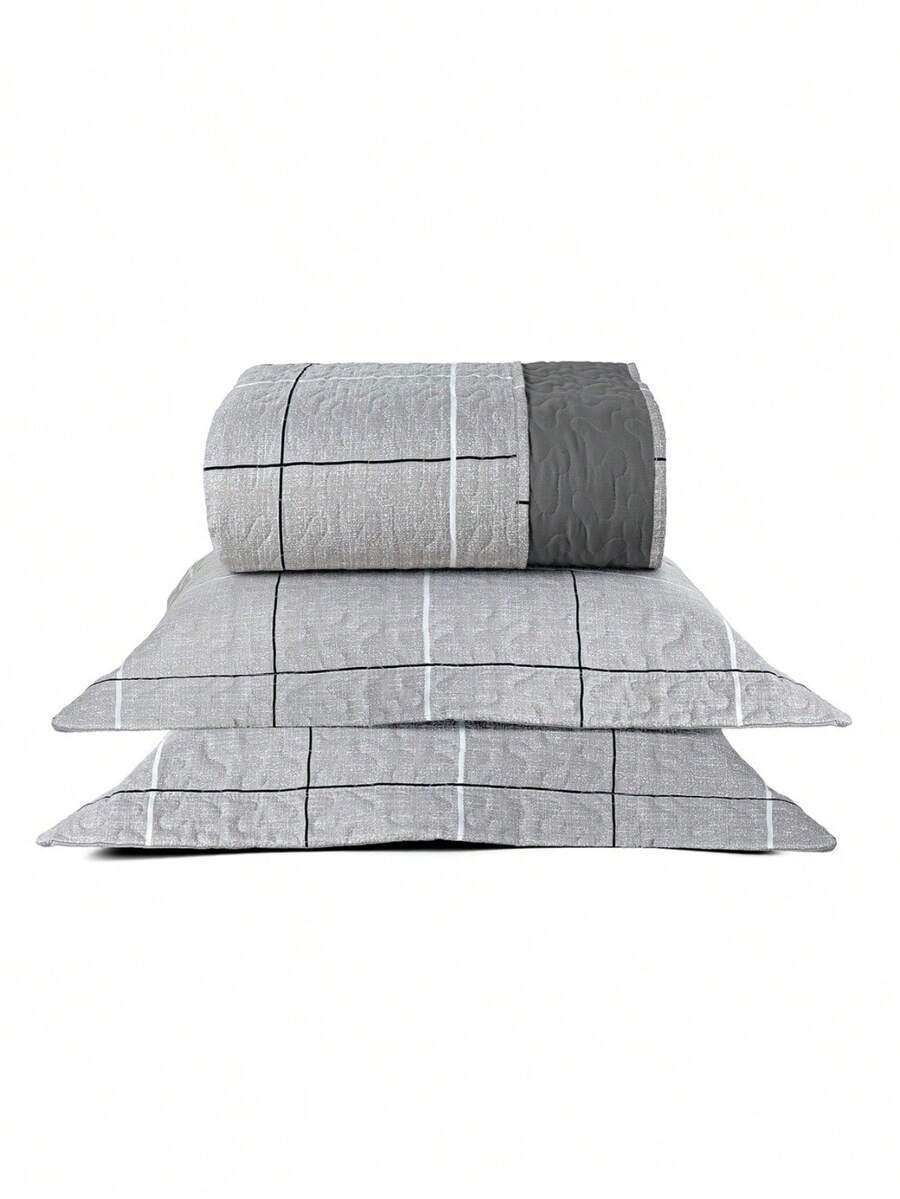 200 Thread Count Double-Sided Bedspread Set Of 3 Pieces - King/Queen/Double/Single Size - Floral Print - Avere - 灰色格子 - 查看 1