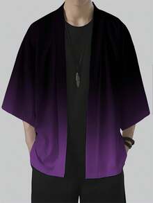 Men's Black To Purple Gradient Open Front Kimono Style Jacket, Loose 3/4 Sleeve Casual Haori Shirt, Suitable For Streetwear And Summer Beach, Inner T-Shirt Not Included - Purple - View 2
