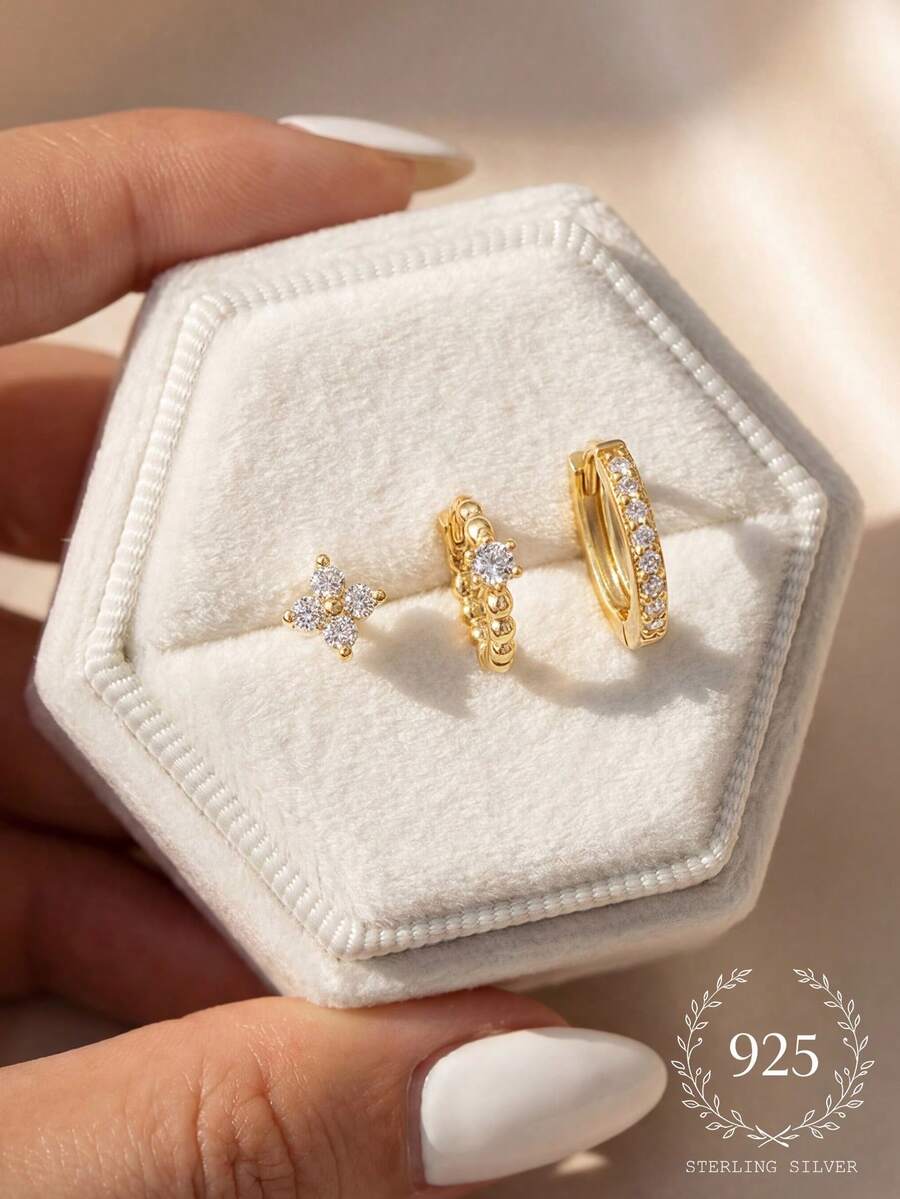 3件套优雅时尚925纯银镶嵌14K金和白色锆石首饰套装，适合周年纪念日和生日礼物 - 金色 - 查看 1