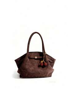 Dedoo 1 buah Tas Tote FEISTURE Kulit Imitasi Suede (Dengan Aksesoris), Tas Tangan Wanita Elegan Dewasa Warna Solid Kapasitas Besar, Tas Komuter Gaya Retro - Kopi - View 8